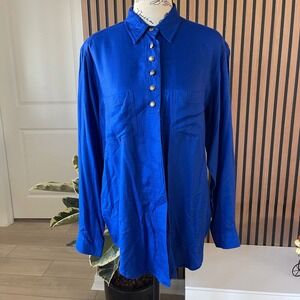Basic Editions‎ Royal Blue Rayon Button Down Long Sleeve Shirt - Women's M